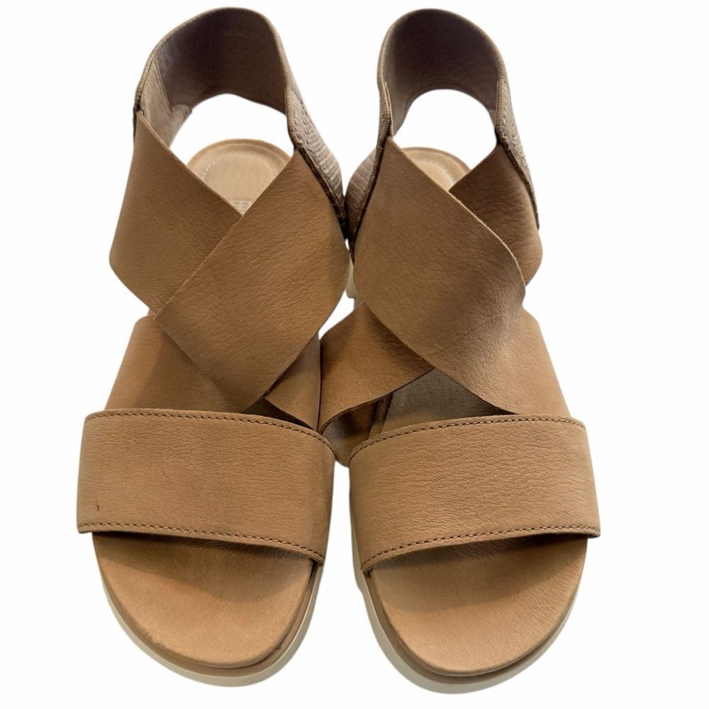 Eileen Fisher Chant Wedge Stone Tumbled Nubuck Tan Mesh Platform Sandals 7.5